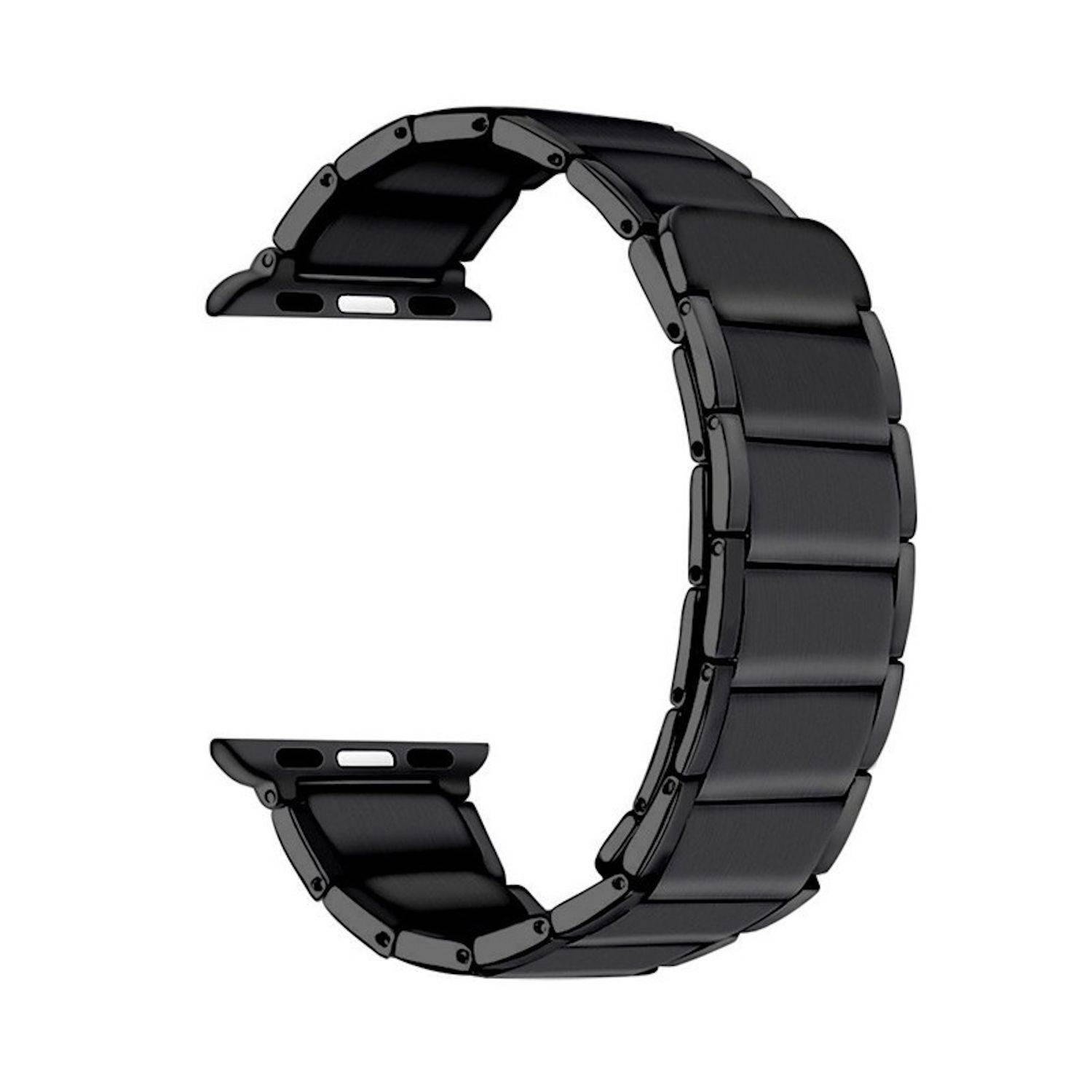 Schwarzes Metallarmband mit segmentierten Gliedern und gebogenen Enden, isoliert auf weißem Hintergrund dargestellt.
