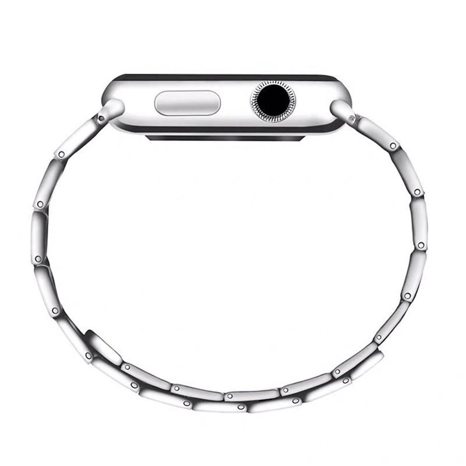 Silberne Smartwatch mit weißem Armband, von der Seite gegen einen einfachen weißen Hintergrund gezeigt.