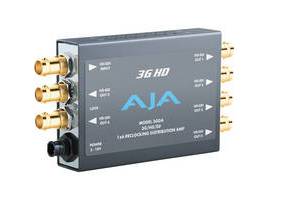 AJA 3G HD-Videosignalkonverter-Box mit mehreren vergoldeten Koaxialsteckern an den Seiten und Beschriftungen auf der Frontplatte.