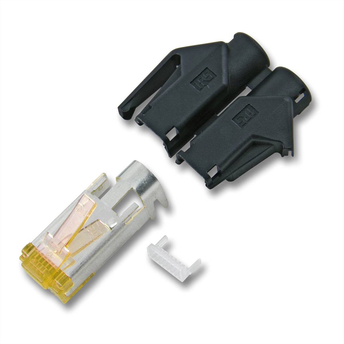 RJ45 Anschluss-Set umfasst einen silbernen Stecker mit gelber Spitze, zwei schwarze Abdeckungen und eine kleine weiße Komponente, angeordnet auf einem einfarbigen Hintergrund.