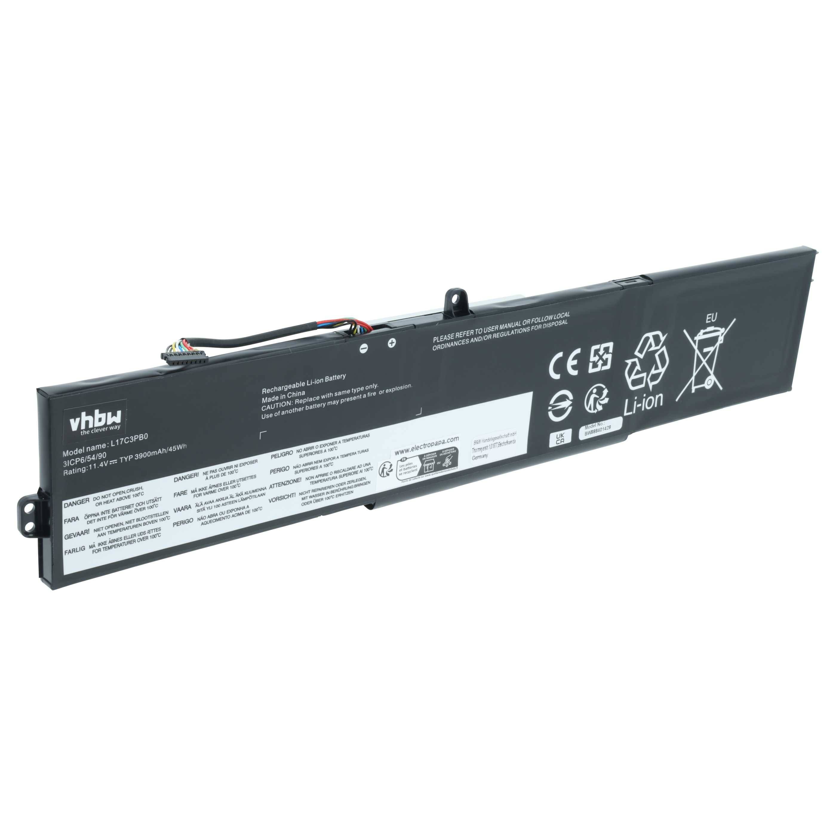 Ein rechteckiger Lithium-Ionen-Laptop-Akku mit verschiedenen Etiketten und Symbolen, einschließlich Sicherheitshinweisen und Recycling-Informationen.
