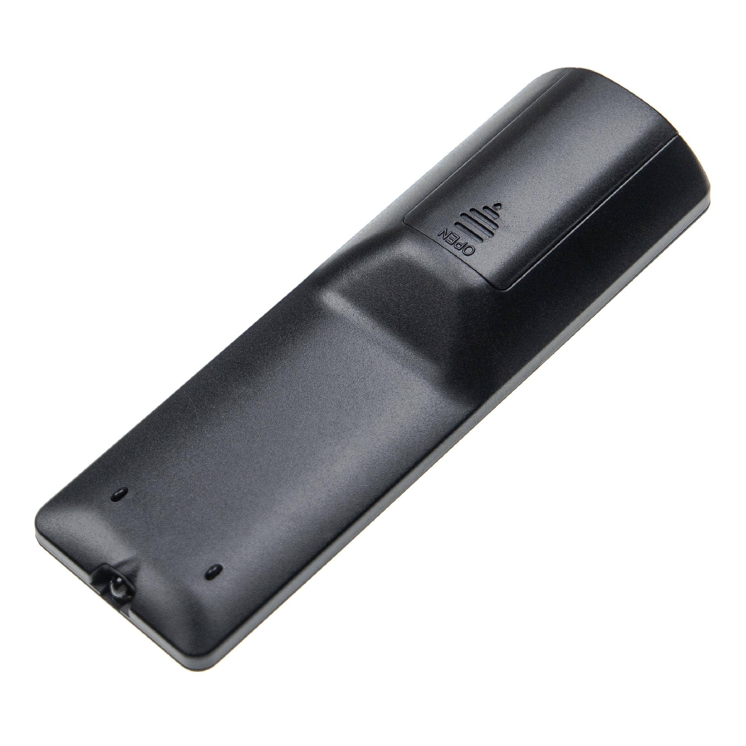 Eine schwarze tragbare Fernbedienung nach unten zeigend, die ihr schlankes Design und ihre ergonomische Struktur zur Schau stellt, mit minimal sichtbaren Tasten.