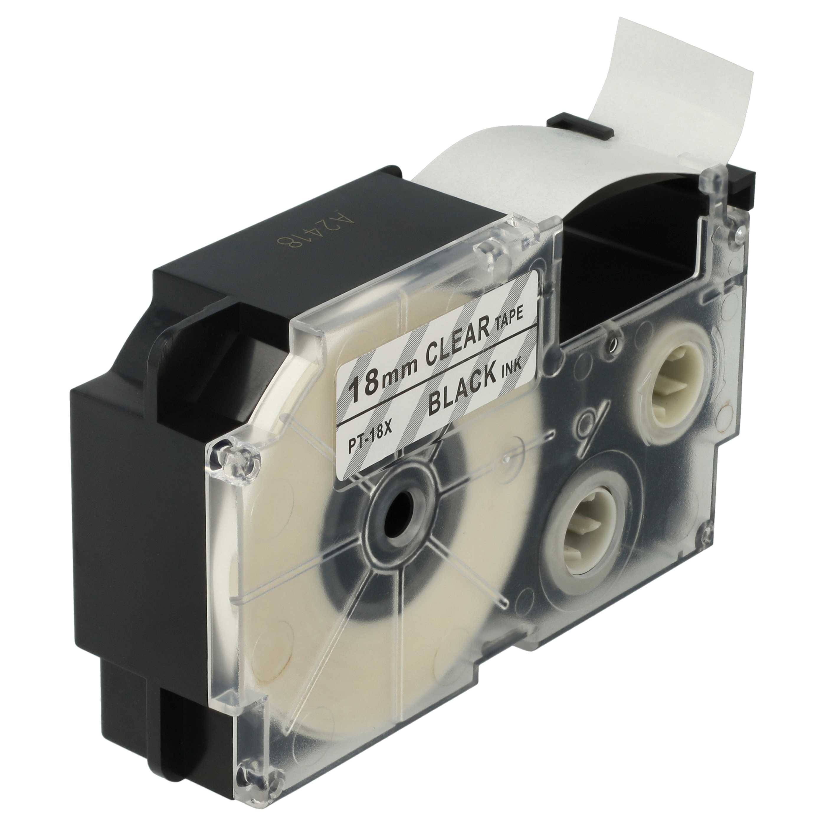 vhbw Schriftband-Kassette kompatibel mit Casio KL-130, KL-100E, KL-120, CW-L300 Etiketten-Drucker 8m x 18mm Schwarz auf Transparent, pet+ RESIN