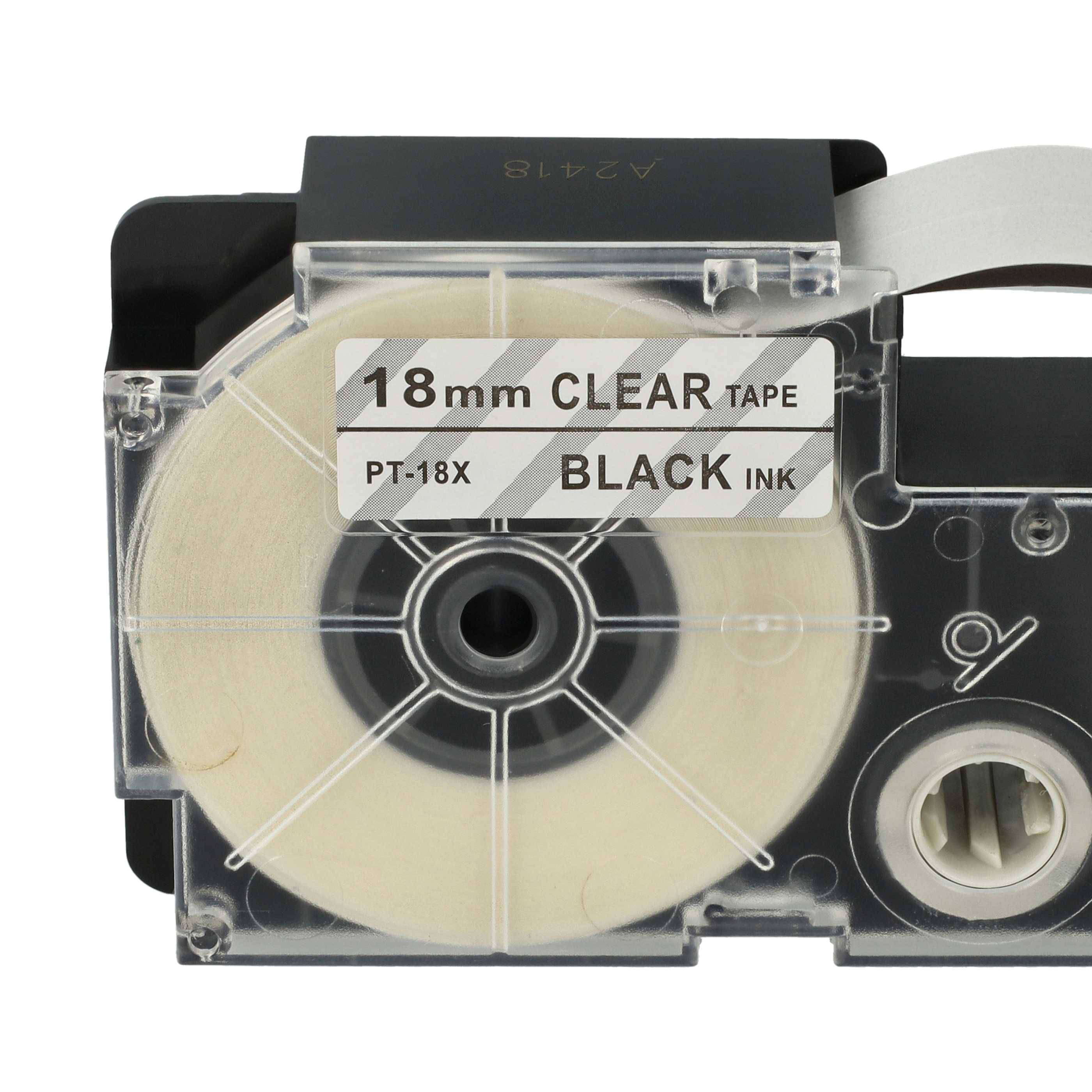 vhbw Schriftband-Kassette kompatibel mit Casio KL-130, KL-100E, KL-120, CW-L300 Etiketten-Drucker 8m x 18mm Schwarz auf Transparent, pet+ RESIN