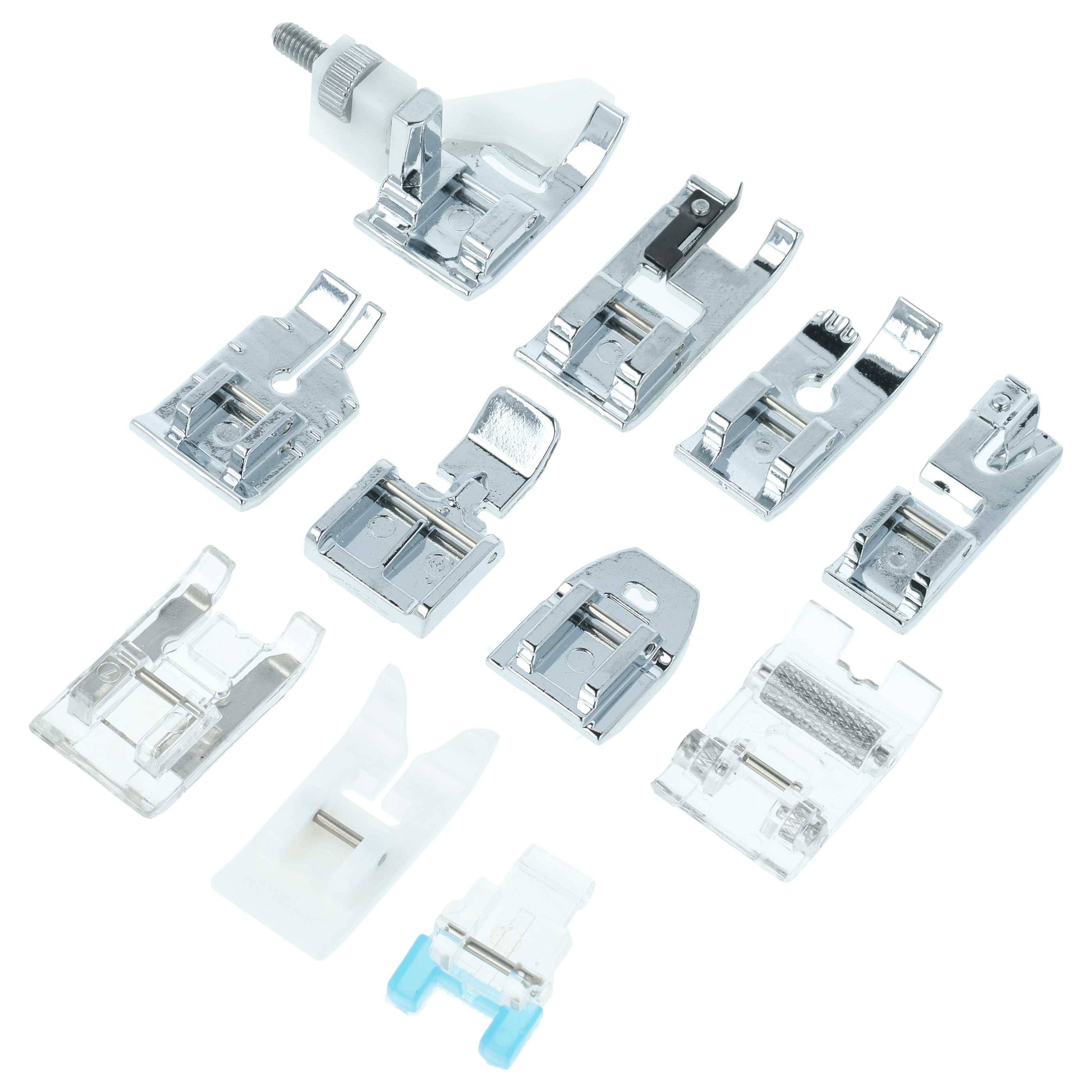 Verschiedene Arten von Nähmaschinen-Pressfüßen auf weißem Hintergrund angeordnet, die unterschiedliche Formen und Funktionen für Nähaufgaben zeigen.