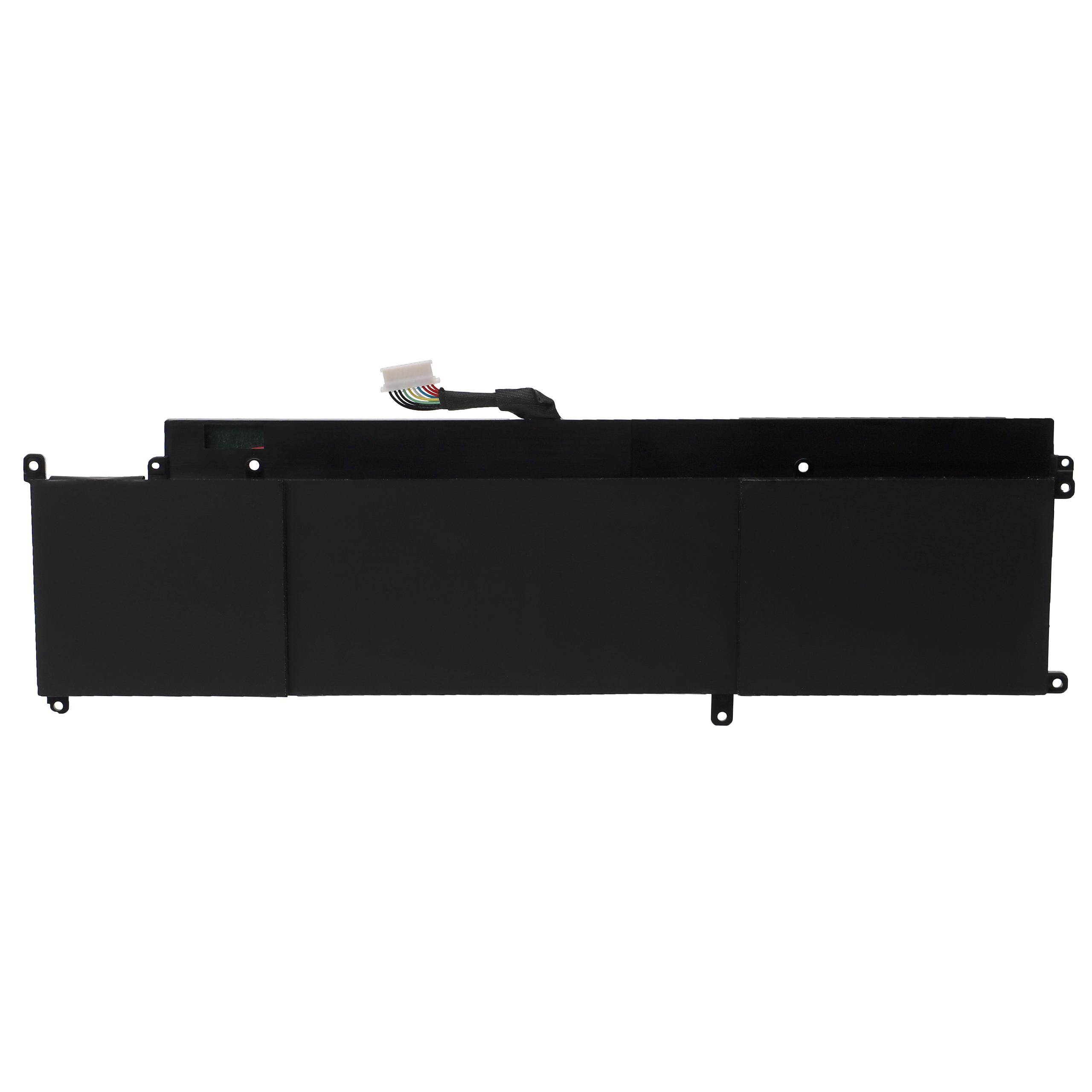 Ein rechteckiger schwarzer Laptop-Akku mit Kabel und Stecker oben, mit drei unterteilten Abschnitten, jeweils mit Befestigungslöchern.