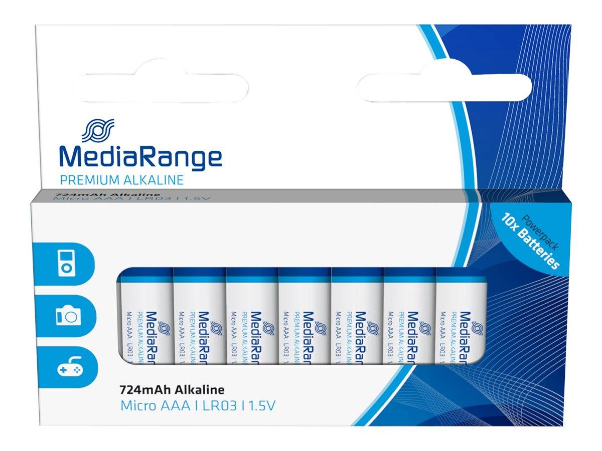 MediaRange Premium-Alkali-Batterien 724mAh Micro AAA, 10er-Pack, in blau-weißer Einzelhandelsverpackung.