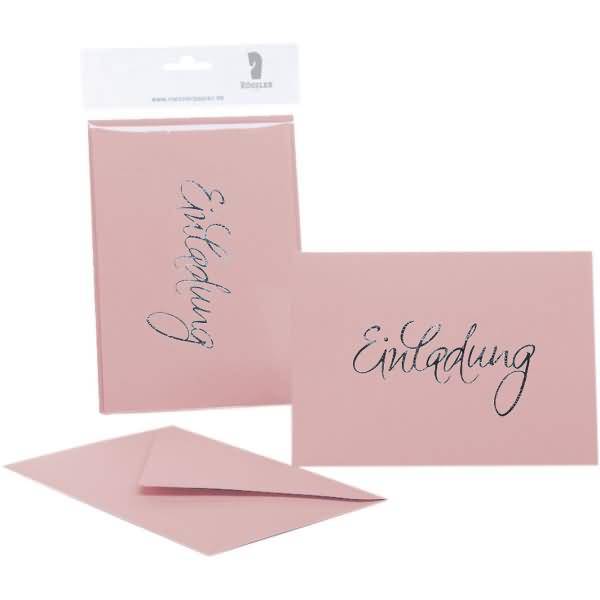 Einladung B6 hoch doppelt 5/5 rose gerippt mit Prägung silber