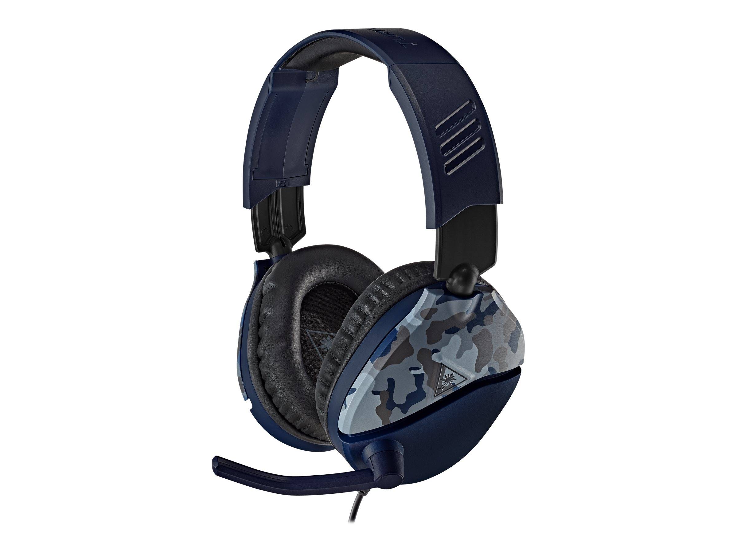 Blaue Over-Ear-Gaming-Kopfhörer mit Boom-Mikrofon und tarnmusteriertem Ohrmuschel auf weißem Hintergrund.