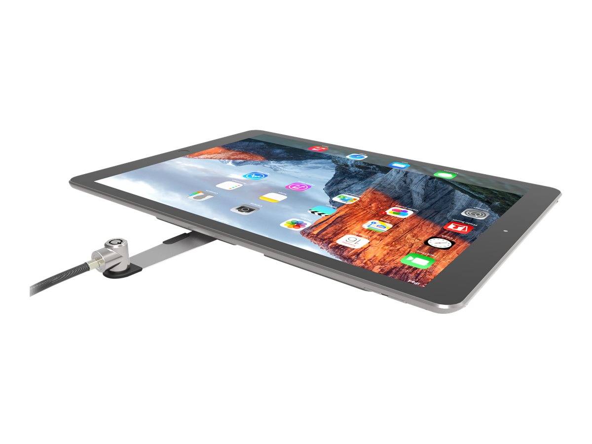 Tablet auf einem verstellbaren Ständer montiert, mit angeschlossenem Kabel, auf dem Startbildschirm mit App-Symbolen angezeigt.