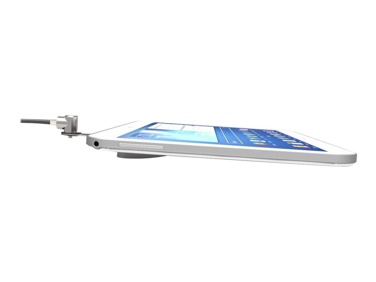 Seitenansicht eines Tablets mit einem Ladekabel, das auf der linken Seite angeschlossen ist, zeigt einen blauen App-Bildschirm auf weißem Hintergrund.