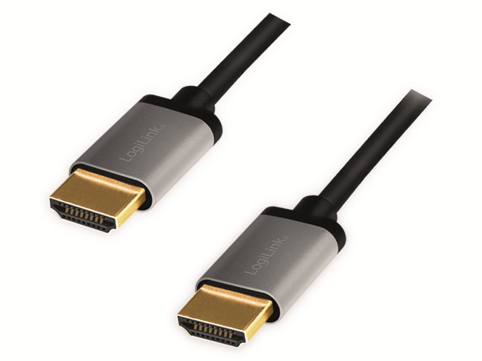 Zwei schwarze HDMI-Kabel mit grauen Steckverbindern mit der Bezeichnung „LogiLink