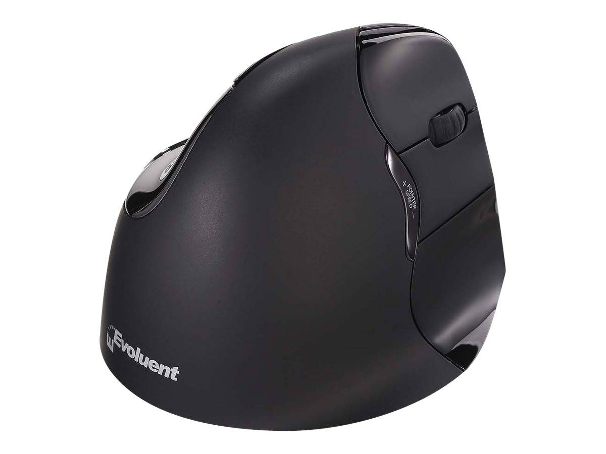 Schwarze ergonomische vertikale Maus mit geschwungenem Design und Daumentasten, dargestellt auf weißem Hintergrund.