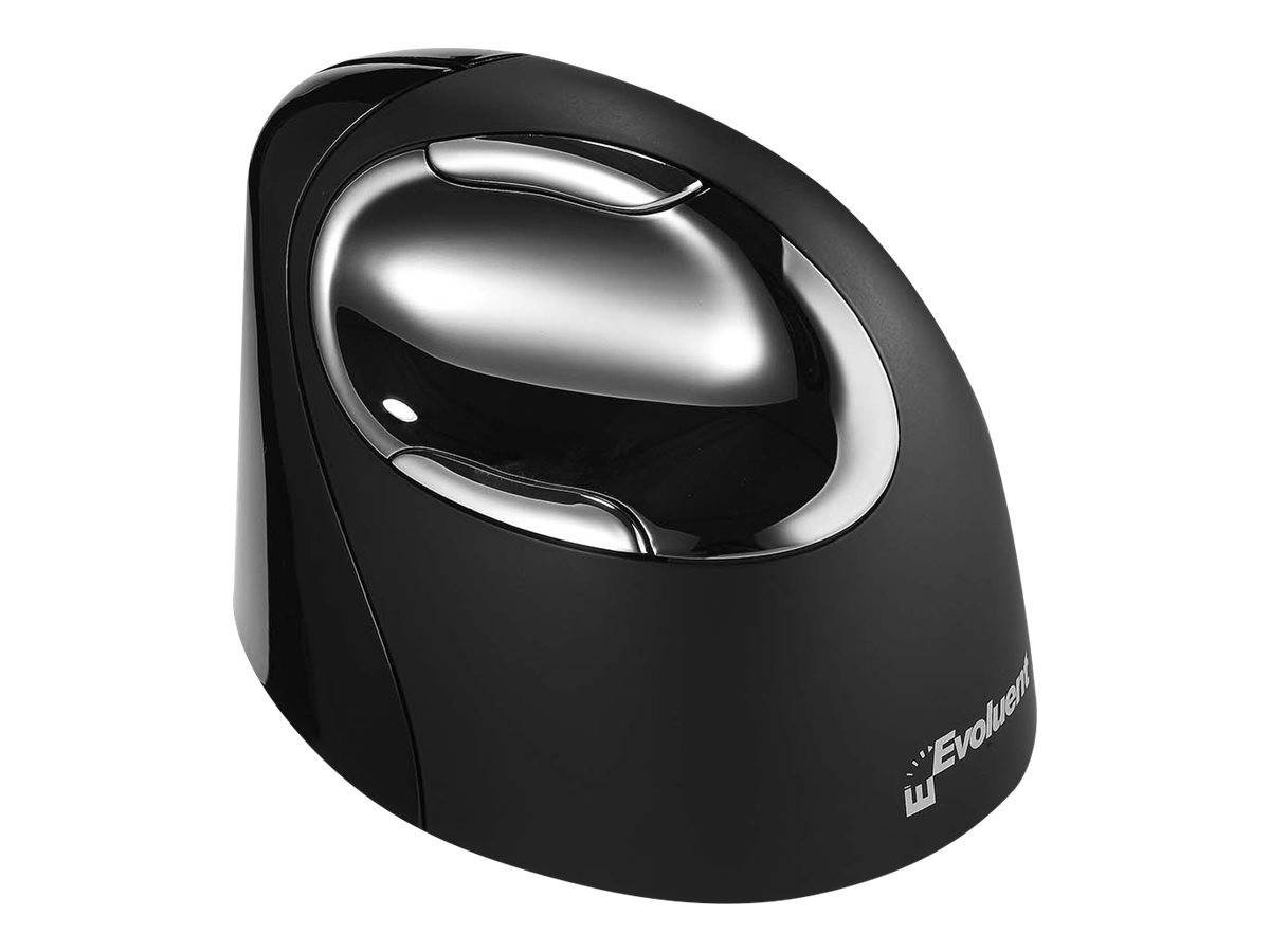 Schwarze ergonomische Desktop-Maus mit silberner Touchpad-Oberfläche, in geneigter Produktansicht auf weißem Hintergrund.