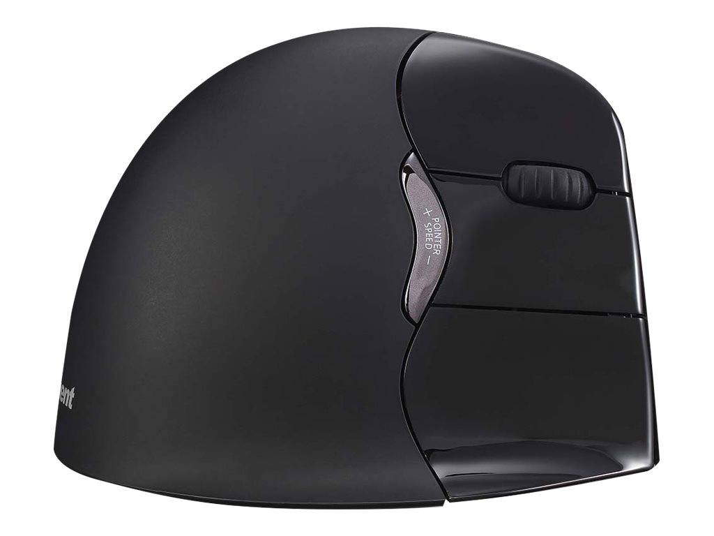 Schwarze ergonomische vertikale Maus mit Daumenstütze und Scrollrad, in Seitenansicht auf weißem Hintergrund dargestellt.