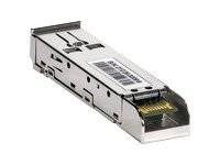 Metallisiertes SFP-Transceiver-Modul mit beschrifteter Oberseite und goldenem Steckverbinder an einem Ende.
