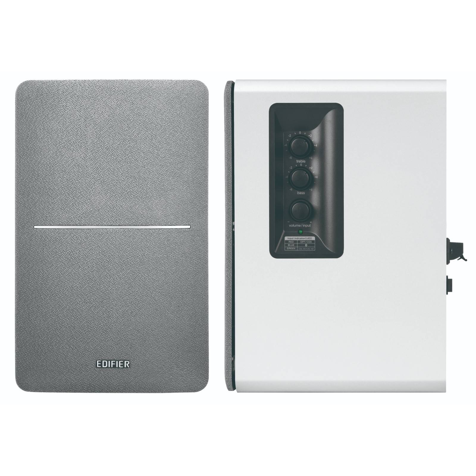Grauer und weißer Edifier-Lautsprechersatz mit Vorder- und Seitenansichten, wobei Bedienknöpfe auf der Seitenfläche sichtbar sind.