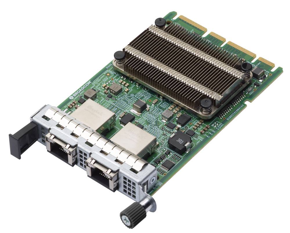 Eine Computernetzwerkschnittstellenkarte mit großem Kühlkörper, mehreren Ethernet-Anschlüssen und einem Stromstecker.