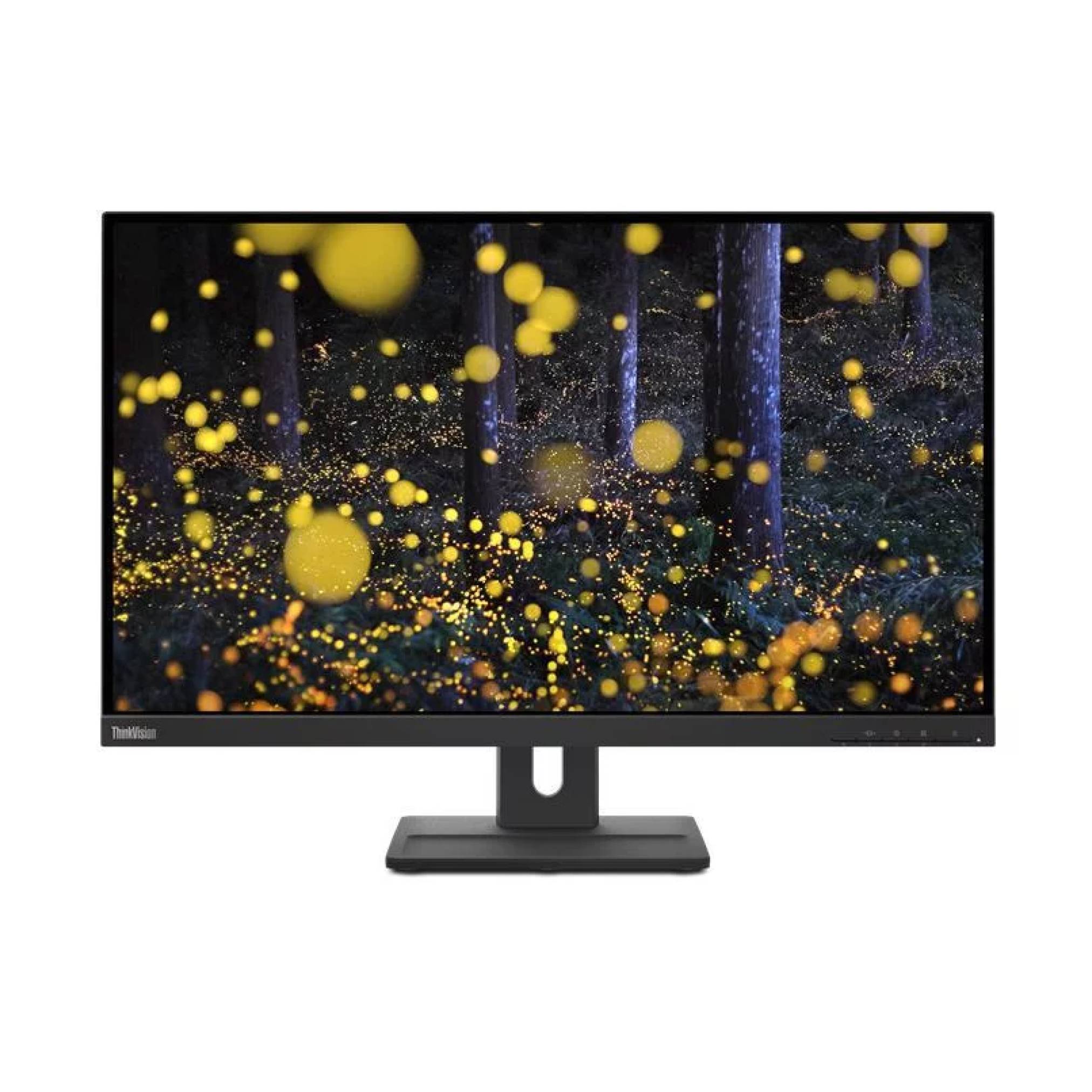 Ein Flachbildschirm-Monitor zeigt eine dunkle Waldszene mit vielen leuchtend gelben Lichtern oder Glühwürmchen.