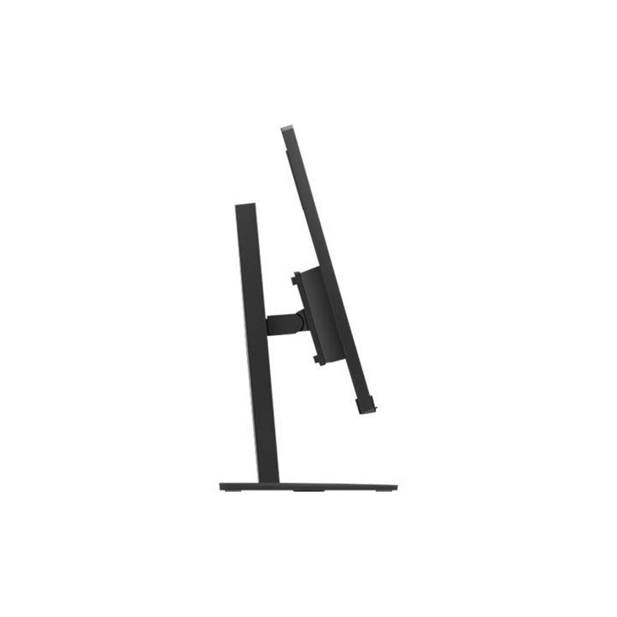Seitenansicht eines Computermonitors auf einem Ständer, der einen verstellbaren Montagearm und eine Basis vor weißem Hintergrund zeigt.