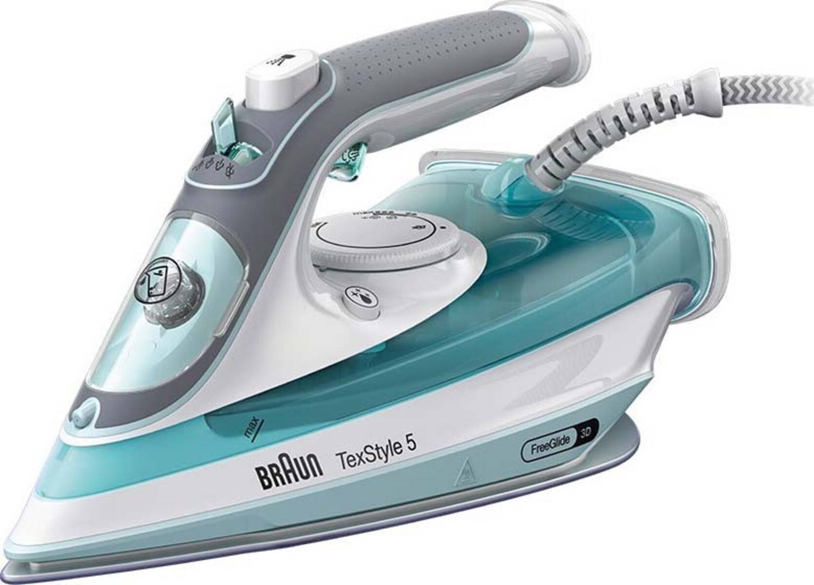 Braun TexStyle 5 Dampfbügeleisen mit grauem und petrolfarbenem Gehäuse, Bügelsohle und angeschlossenem Stromkabel auf weißem Hintergrund dargestellt.