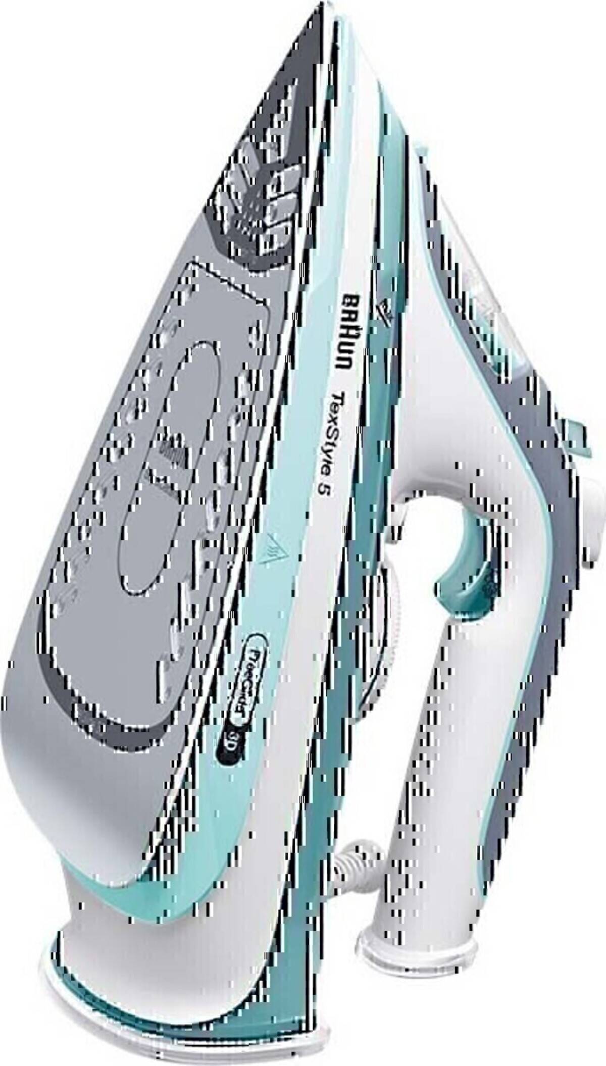 Seitenansicht eines Braun TexStyle 5 Dampfbügeleisens, weiß mit türkisen Akzenten und einer spitzen Sohlenplatte.