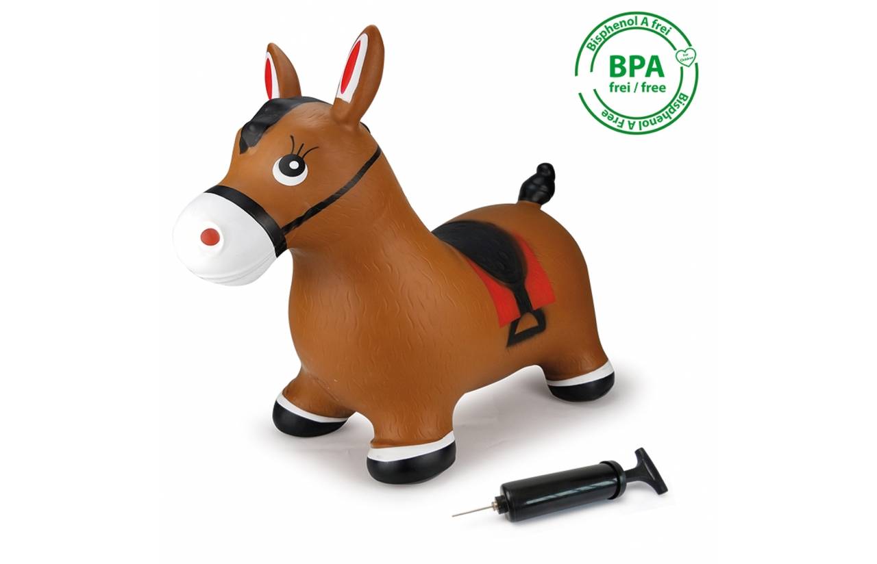 Aufblasbarer brauner Spielzeug-Esel mit schwarzem Sattel und angehängter Pumpe, gezeigt mit einem „BPA-frei / frei"-Etikett.