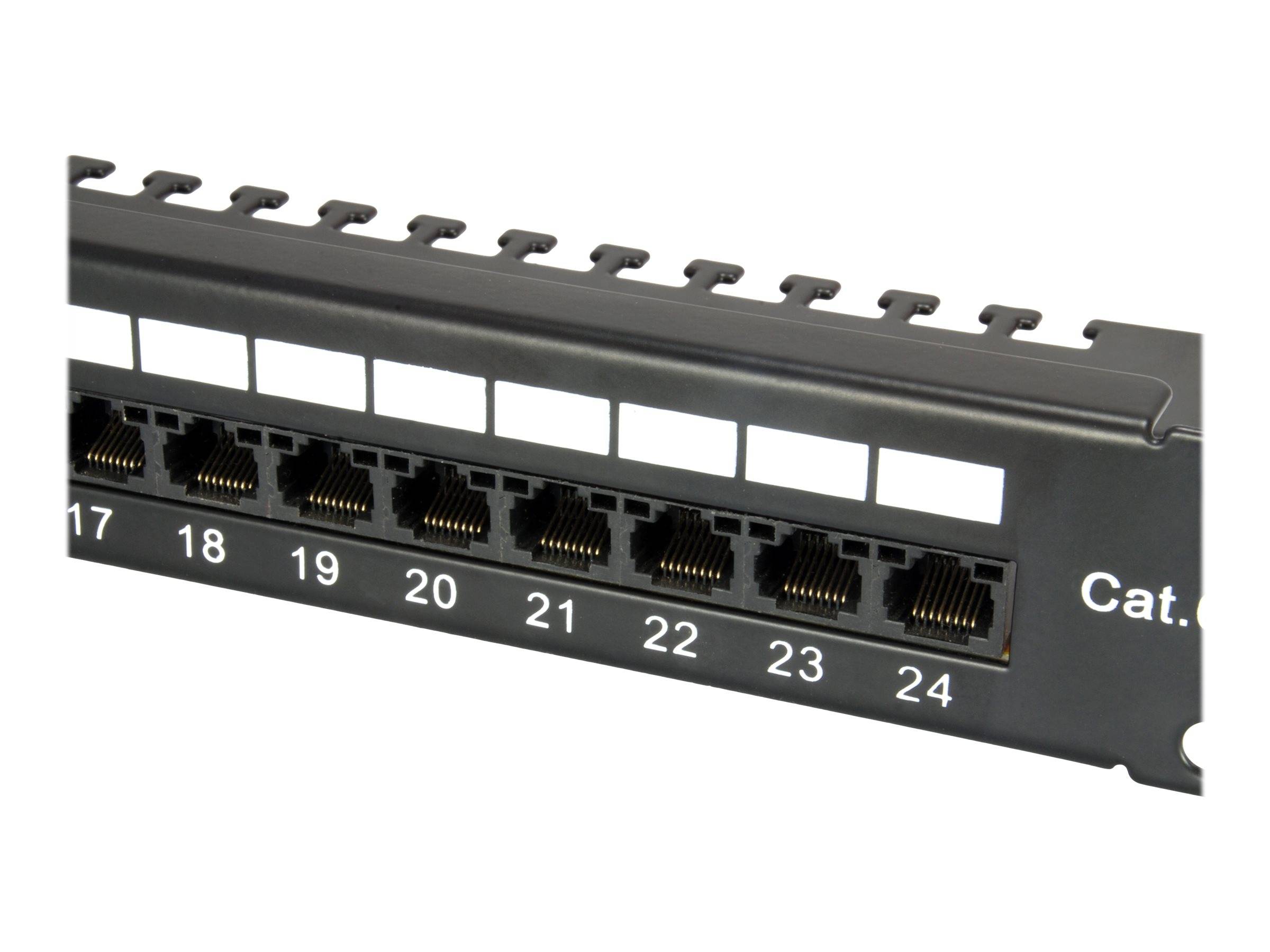 Ethernet-Patchpanel mit acht nummerierten RJ45-Anschlüssen mit den Bezeichnungen 17 bis 24 zur Organisierung von Netzwerkverbindungen.