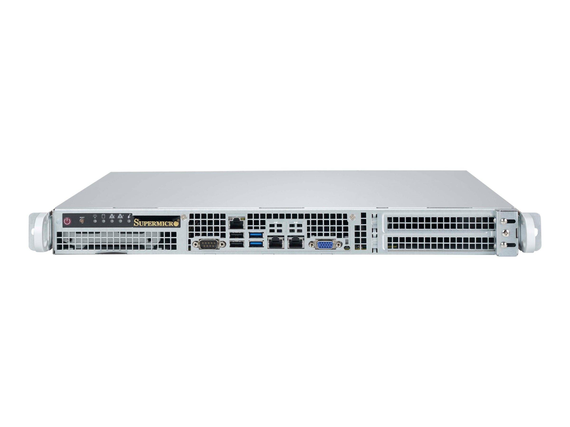 Vorderansicht eines Supermicro-Rackmaster-Servers mit mehreren Anschlüssen, Lüftungsöffnungen und Festplattenschächten auf weißem Hintergrund