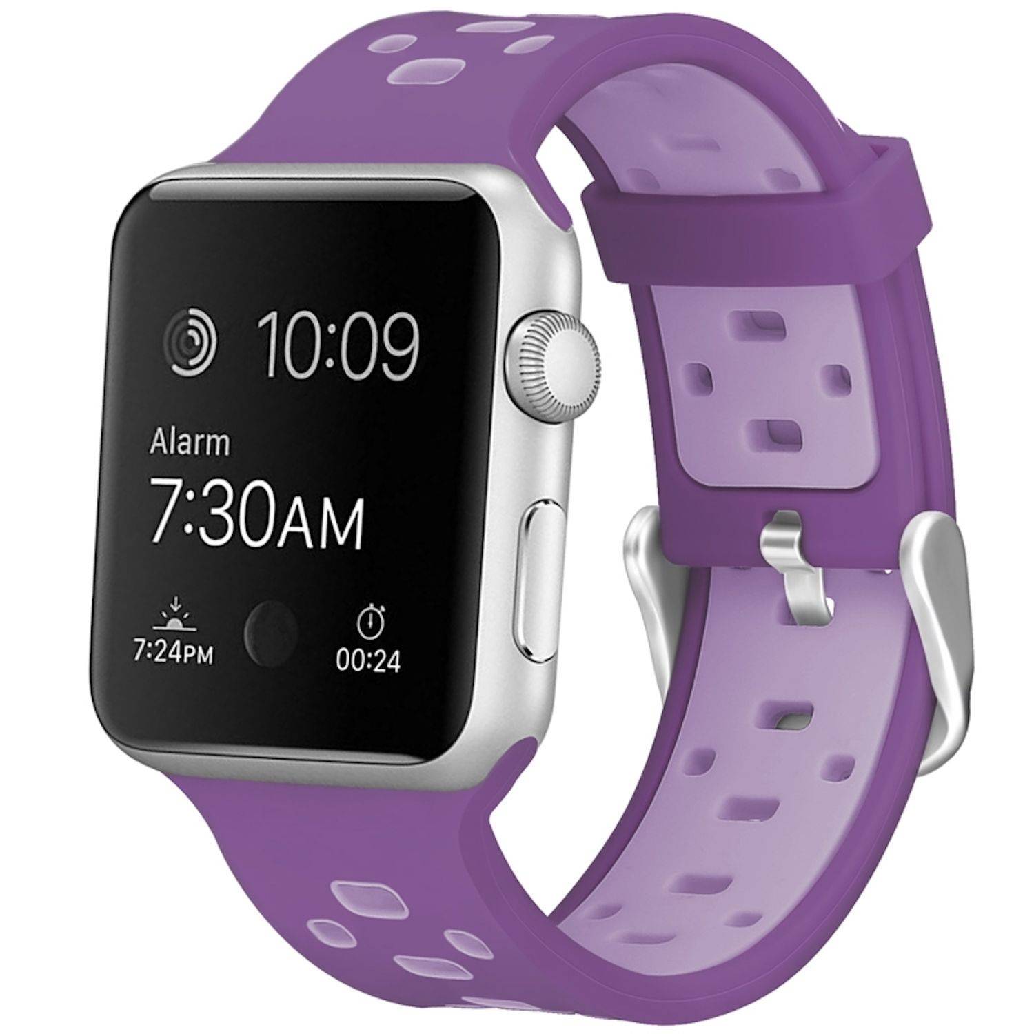 Purple Apple Watch mit silbernem Gehäuse, das 10:09 anzeigt und einen Alarm für 7:30 Uhr morgens auf einem schwarzen Display anzeigt.