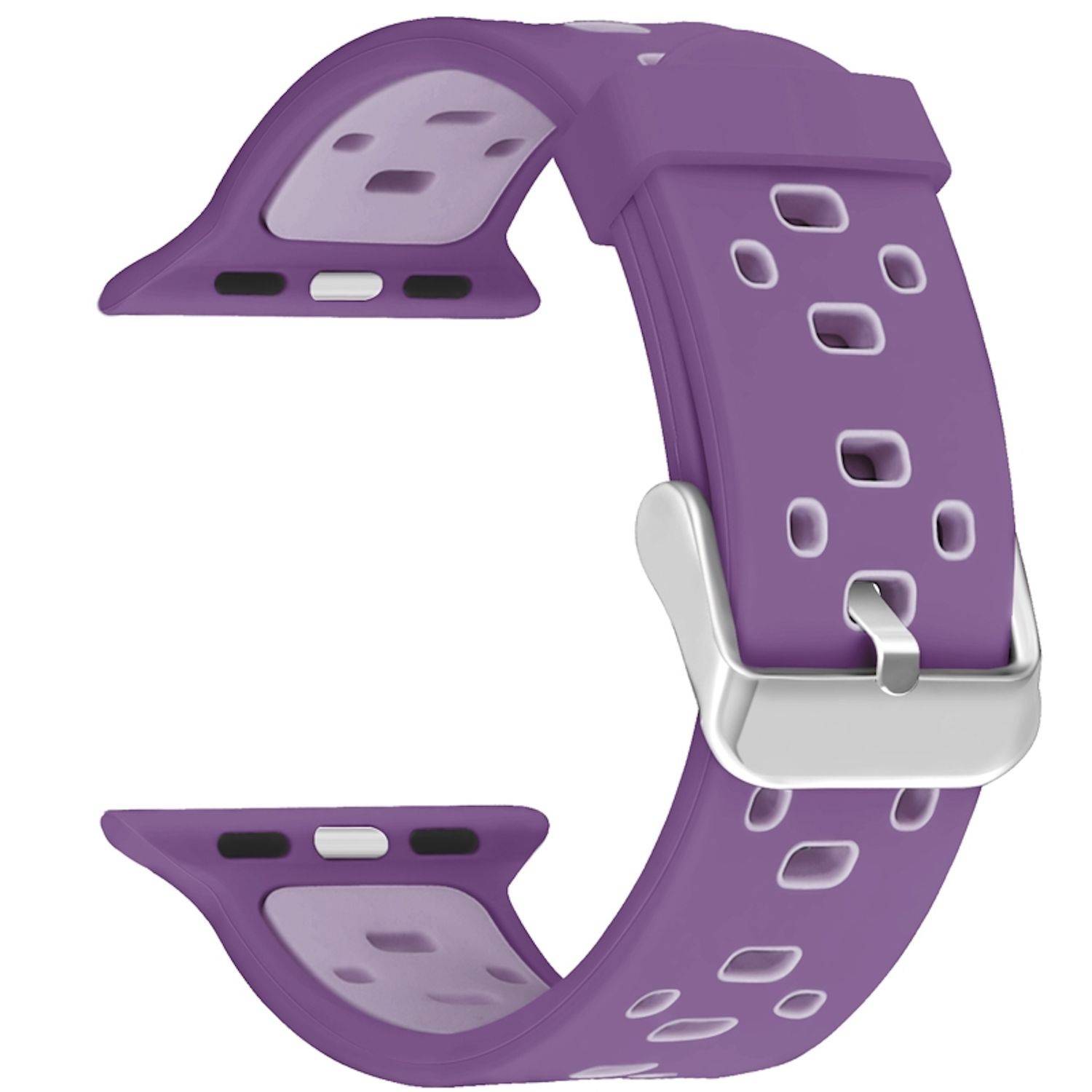 Violettes Silikonarmband mit silbernem Verschluss und perforierten Löchern, gebogen auf weißem Hintergrund dargestellt.