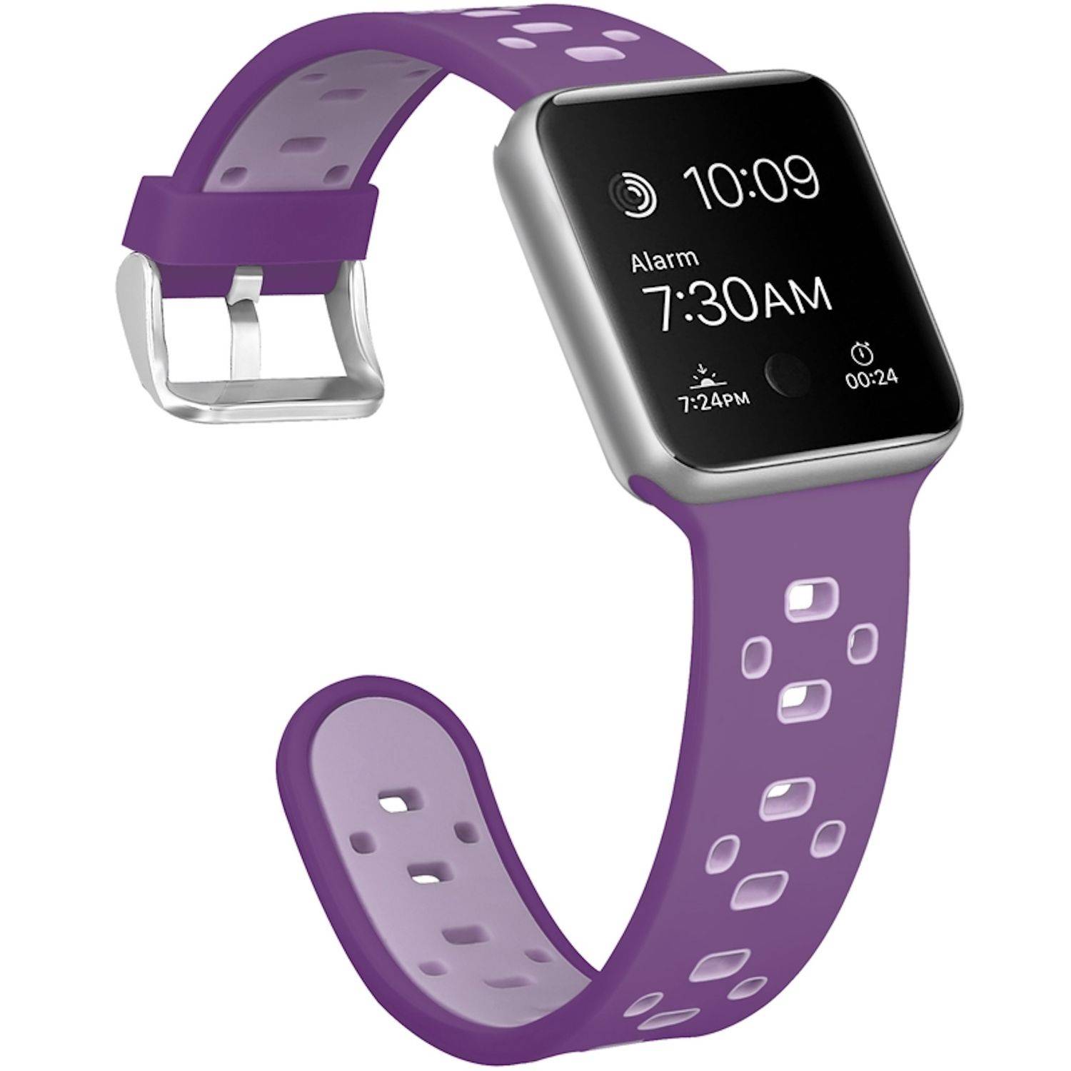 Violette Smartwatch mit perforiertem Armband, dargestellt in einem produktstilisierten Bild mit der Anzeige 10:09 und einem Wecker, der auf 7:30 Uhr eingestellt ist.