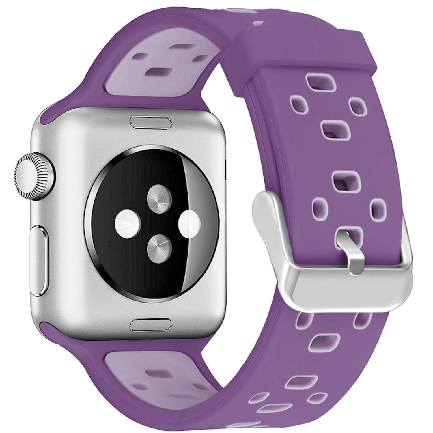 Silberne Apple Watch mit violettem Sportarmband vor weißem Hintergrund, schräg positioniert, um das Zifferblatt auf der Rückseite und die Seitentaste zu zeigen.