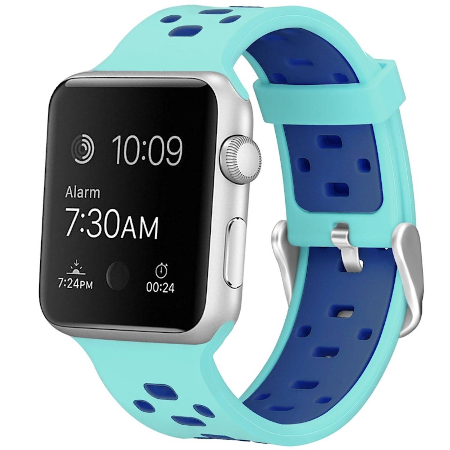 Türkise und blaue Smartwatch mit silbernem Gehäuse, die 10:09 Uhr anzeigt und einen Wecker für 7:30 Uhr morgens eingestellt hat.
