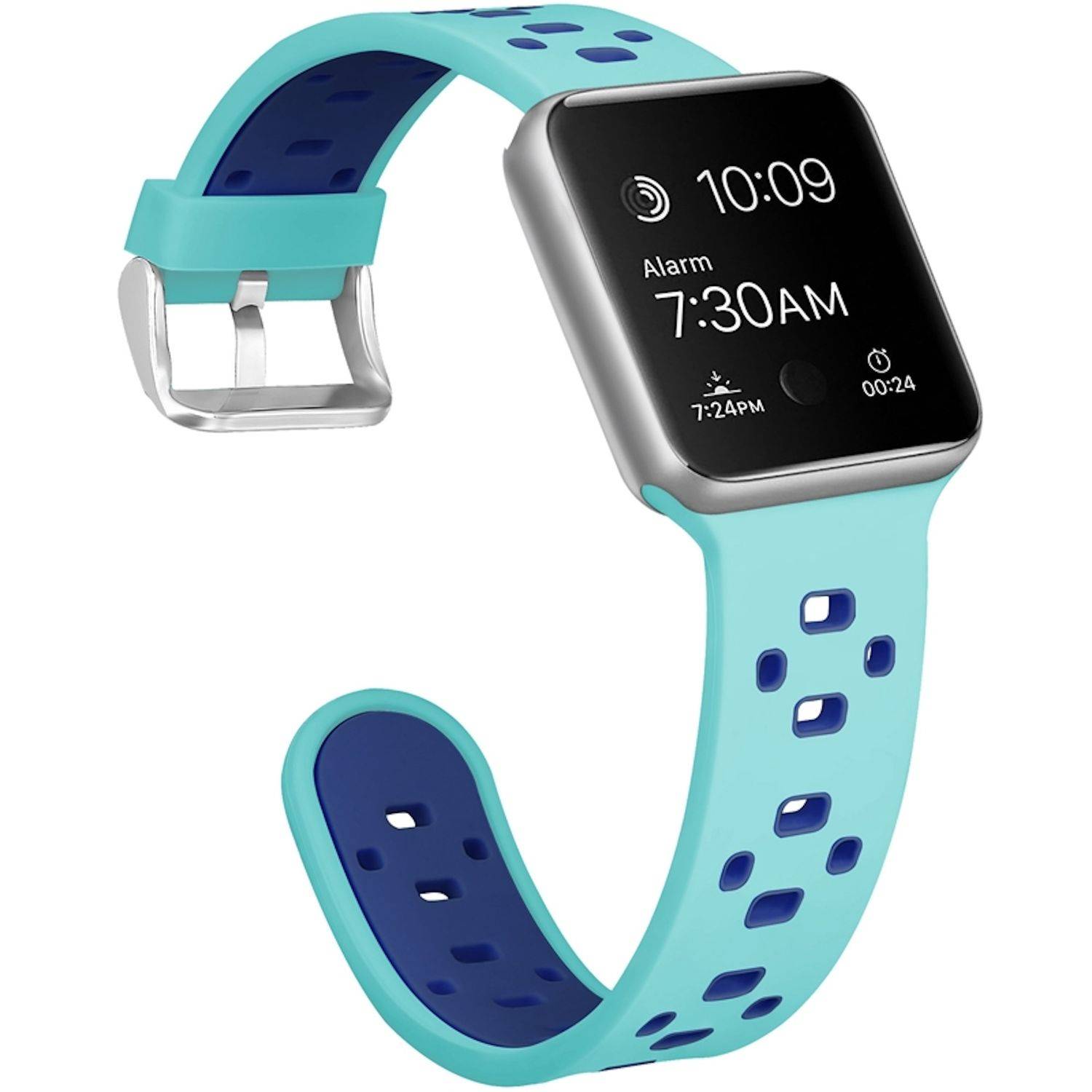 Zweifarbige Aqua- und Marineblau-Smartwatch mit rechteckigem Touchscreen, der 10:09 und Alarm 7:30 Uhr anzeigt, auf weißem Hintergrund dargestellt.