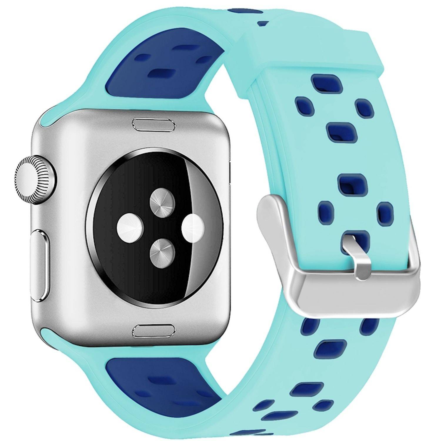 Apple Watch mit einem türkisfarbenen und dunkelblauem durchlöchertem Sportarmband, in einer Seitenansicht vor weißem Hintergrund gezeigt.