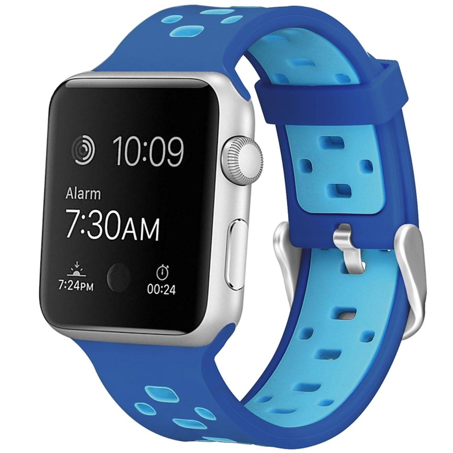 Blaue Smartwatch mit silbernem Gehäuse, die 10:09 auf dem Display anzeigt und einen Wecker für 7:30 Uhr morgens.