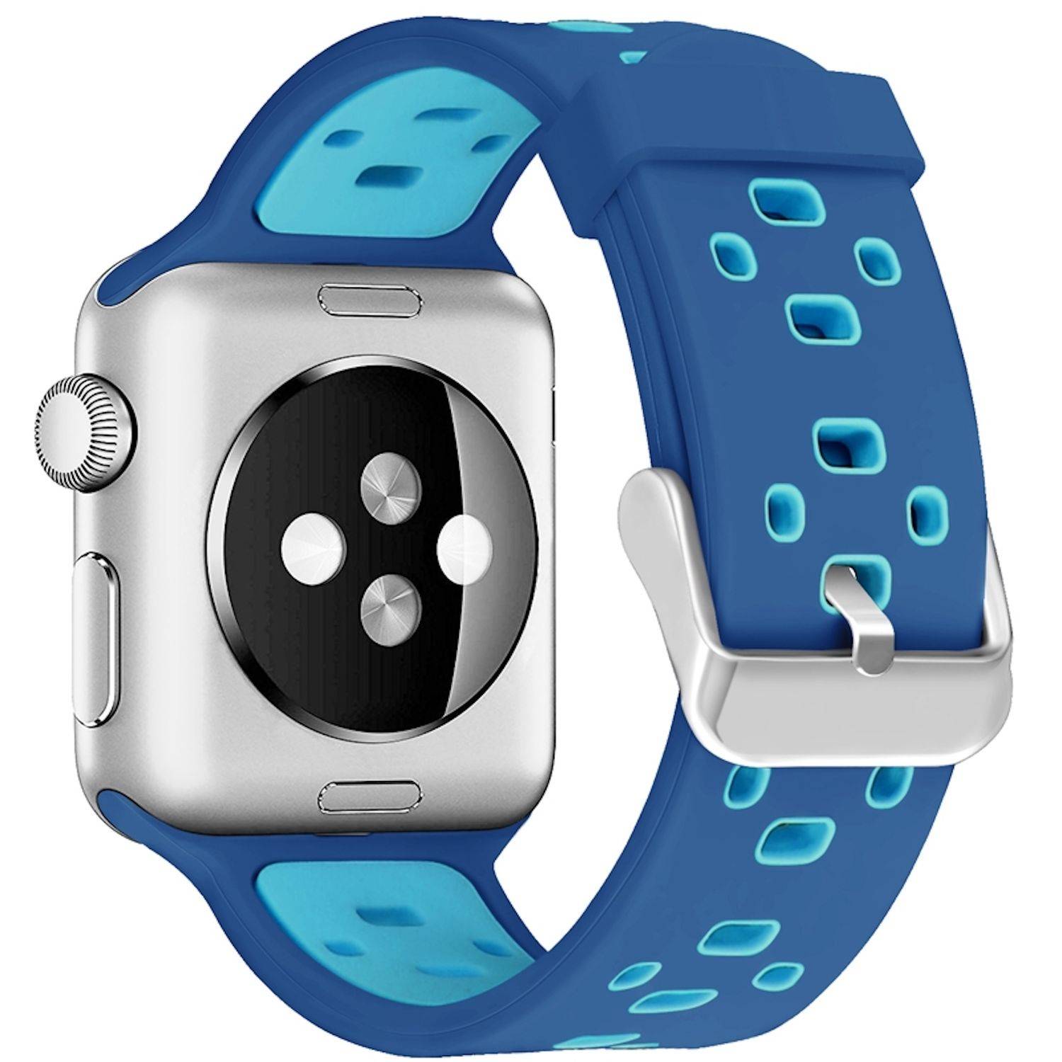 Silberne Smartwatch mit blauem perforiertem Sportband, zeigt den Rückensensor und die seitliche Krone auf weißem Hintergrund.