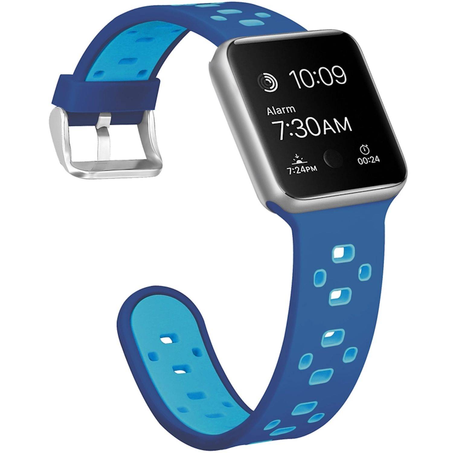 Blaue Smartwatch mit perforiertem Silikonarmband und digitaler Anzeige, die 10:09 Uhr anzeigt, und Alarm, der auf 7:30 Uhr morgens eingestellt ist.