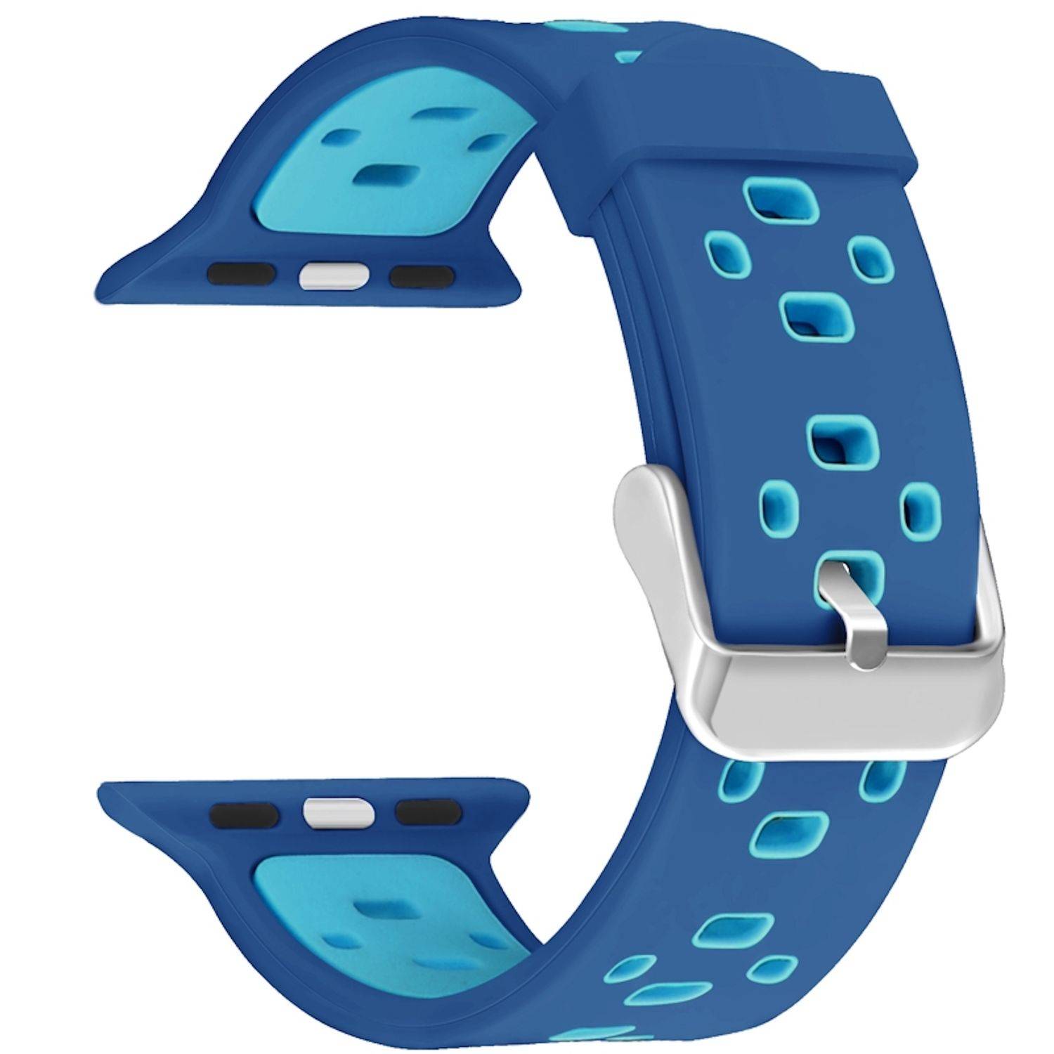 Blaues Silikon-Smartwatch-Armband mit perforierten Löchern und silberner Schließe, isoliert auf weißem Hintergrund gezeigt.