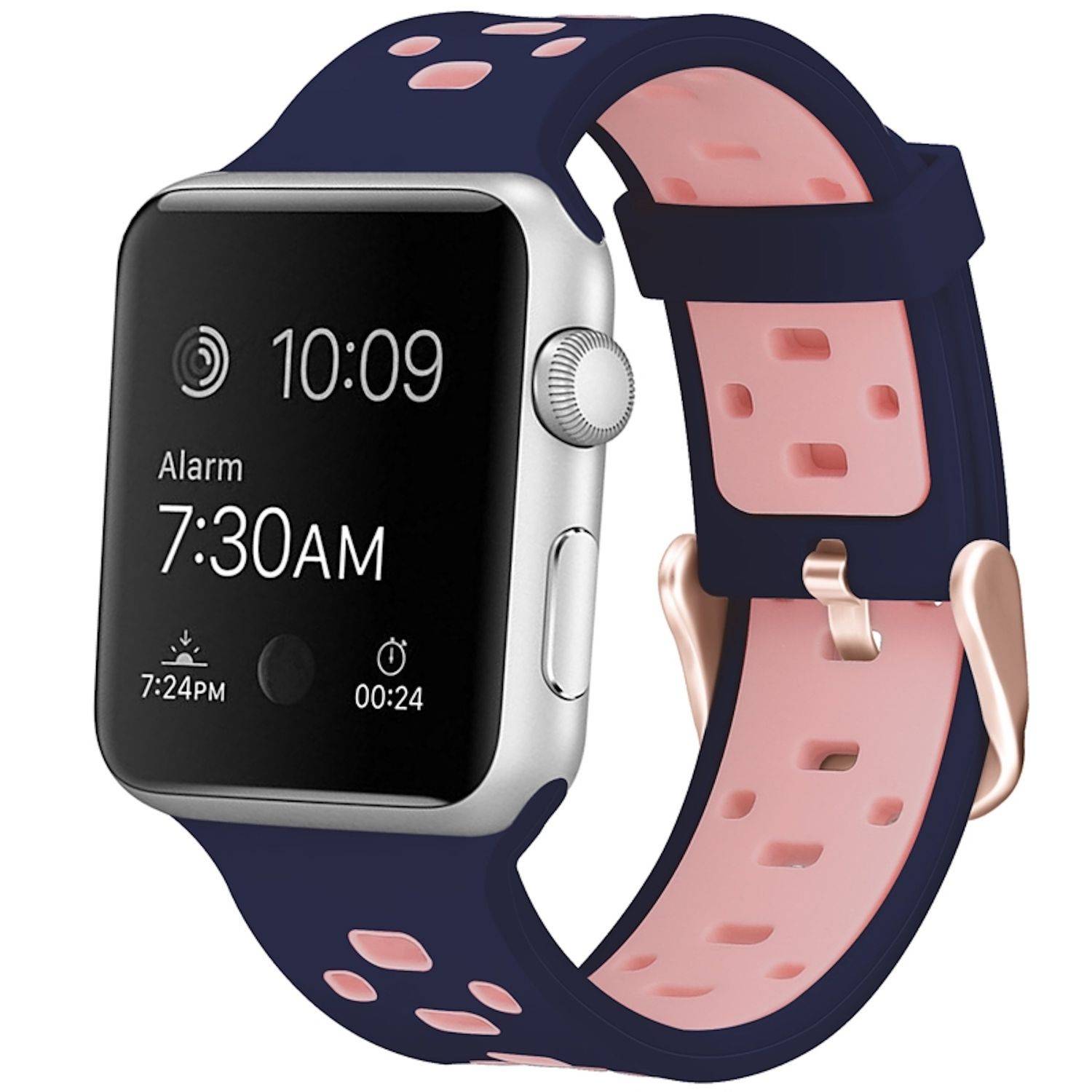 Silberne Smartwatch mit dunkelblau-rosa Armband, das 10:09 anzeigt und einen Wecker für 7:30 Uhr morgens auf dem Bildschirm eingestellt hat.