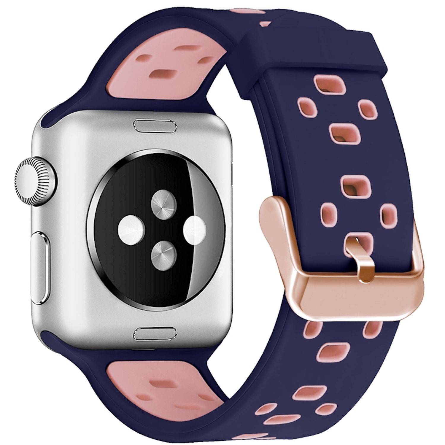 Apple Watch mit einem dunkelblauem Sportarmband mit Rosegold-Akzenten, von hinten vor weißem Hintergrund dargestellt.