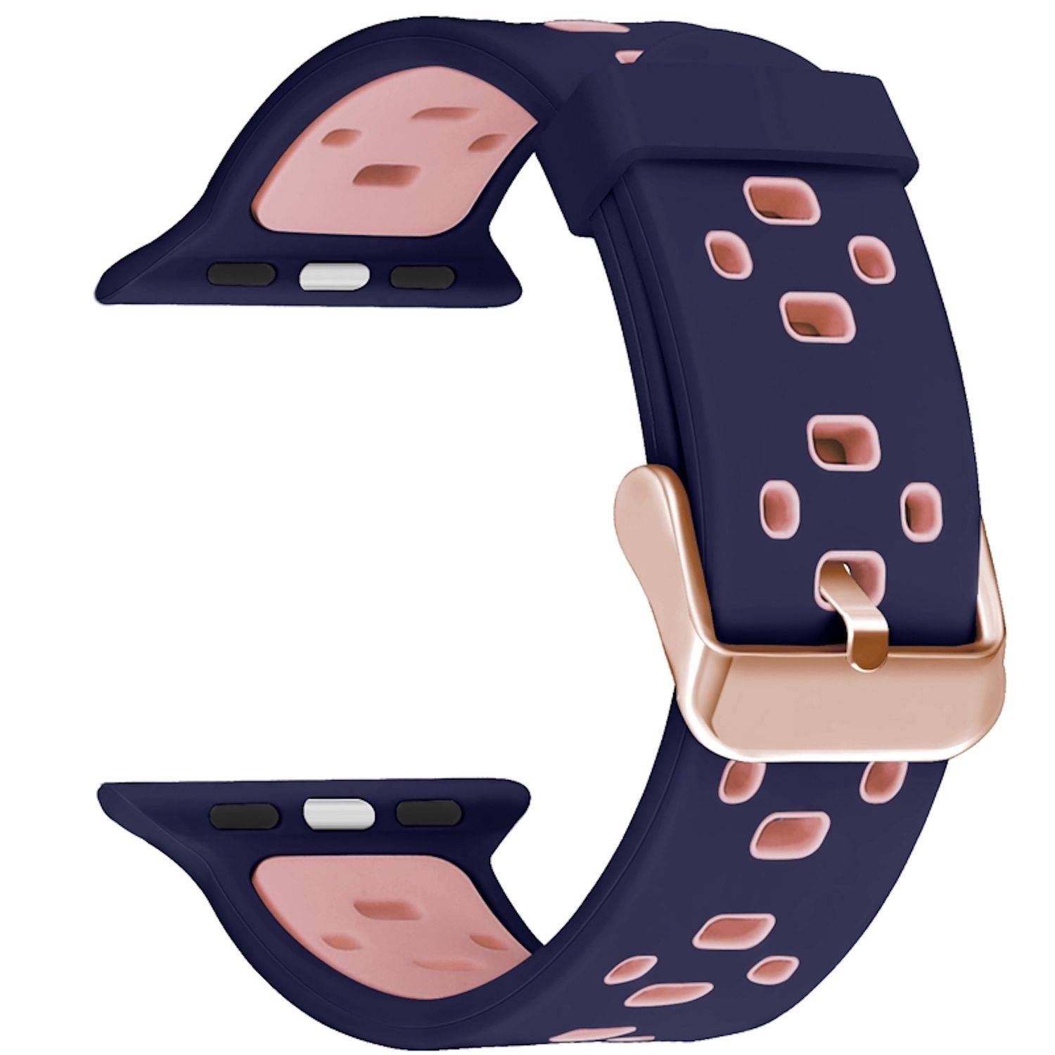 Marineblauband für Smartwatch mit rosafarbenem Ausschnittmuster und rosegoldenem Verschluss, offen auf weißem Hintergrund dargestellt.
