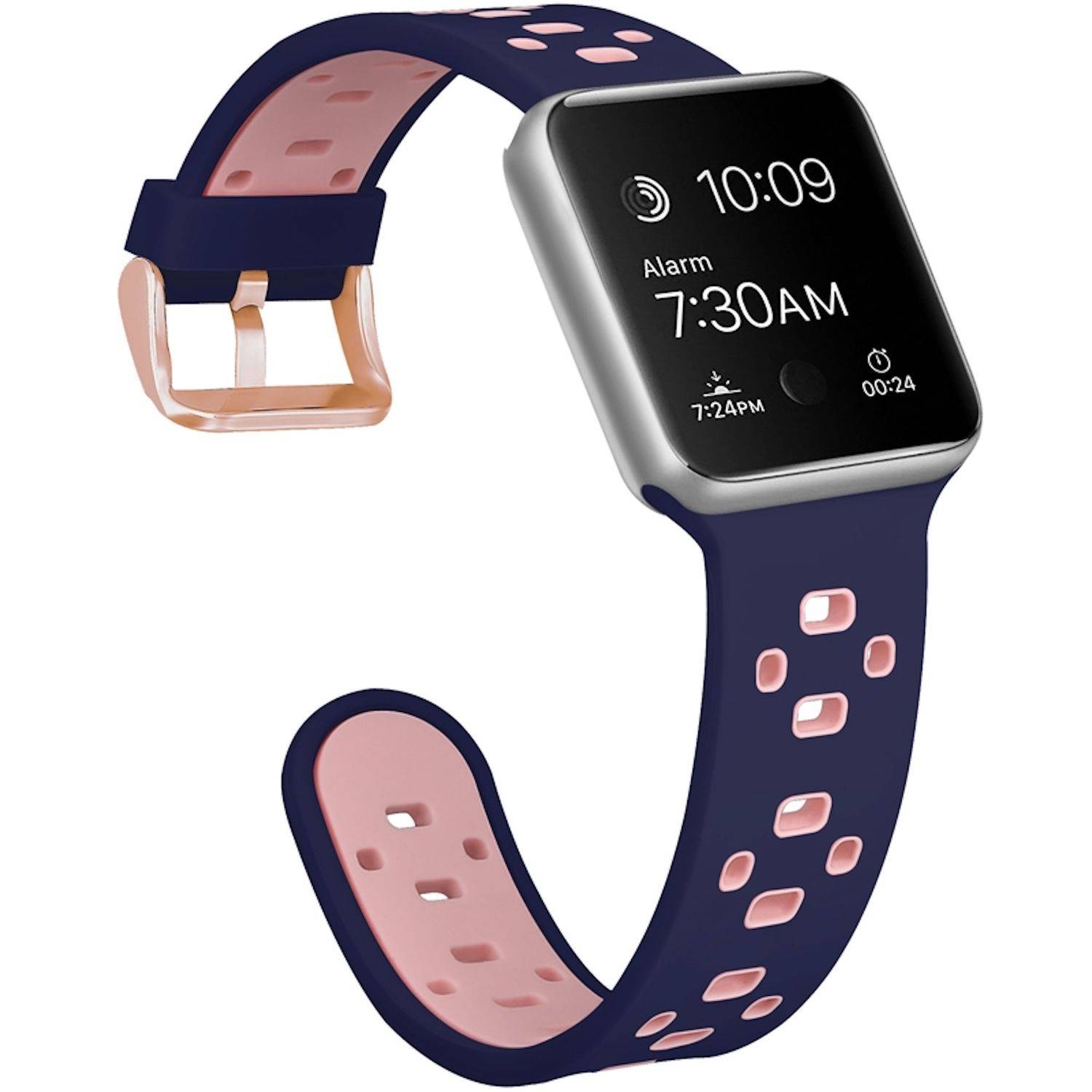 Zweifarbige Smartwatch in Marineblau und Rosa mit quadratischem Touchscreen, der 10:09 Uhr und einen Wecker um 7:30 Uhr anzeigt.
