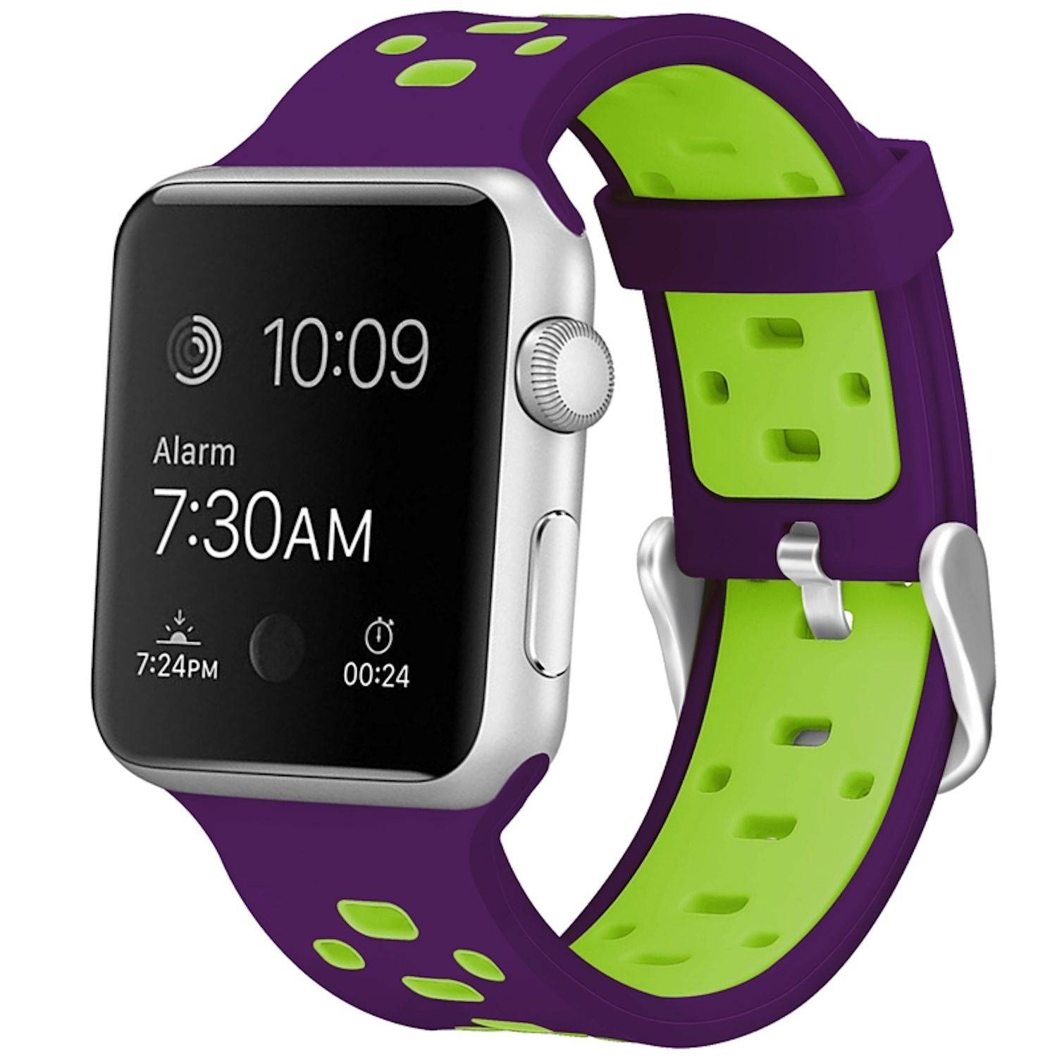Eine lila und grüne Smartwatch zeigt 10:09 mit einem eingestellten Wecker für 7:30 Uhr auf einem schwarzen Display.
