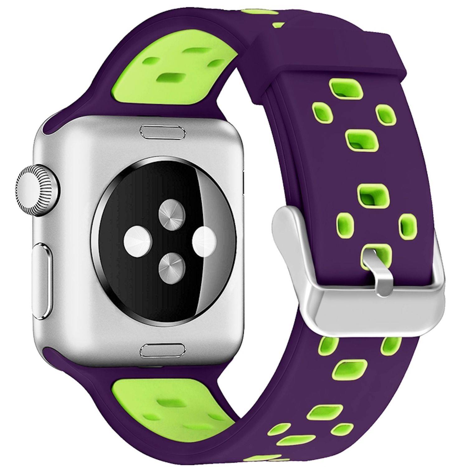 Violette und grüne Apple Watch mit Gehäuse aus Silber und perforierten Armband, von hinten gezeigt.