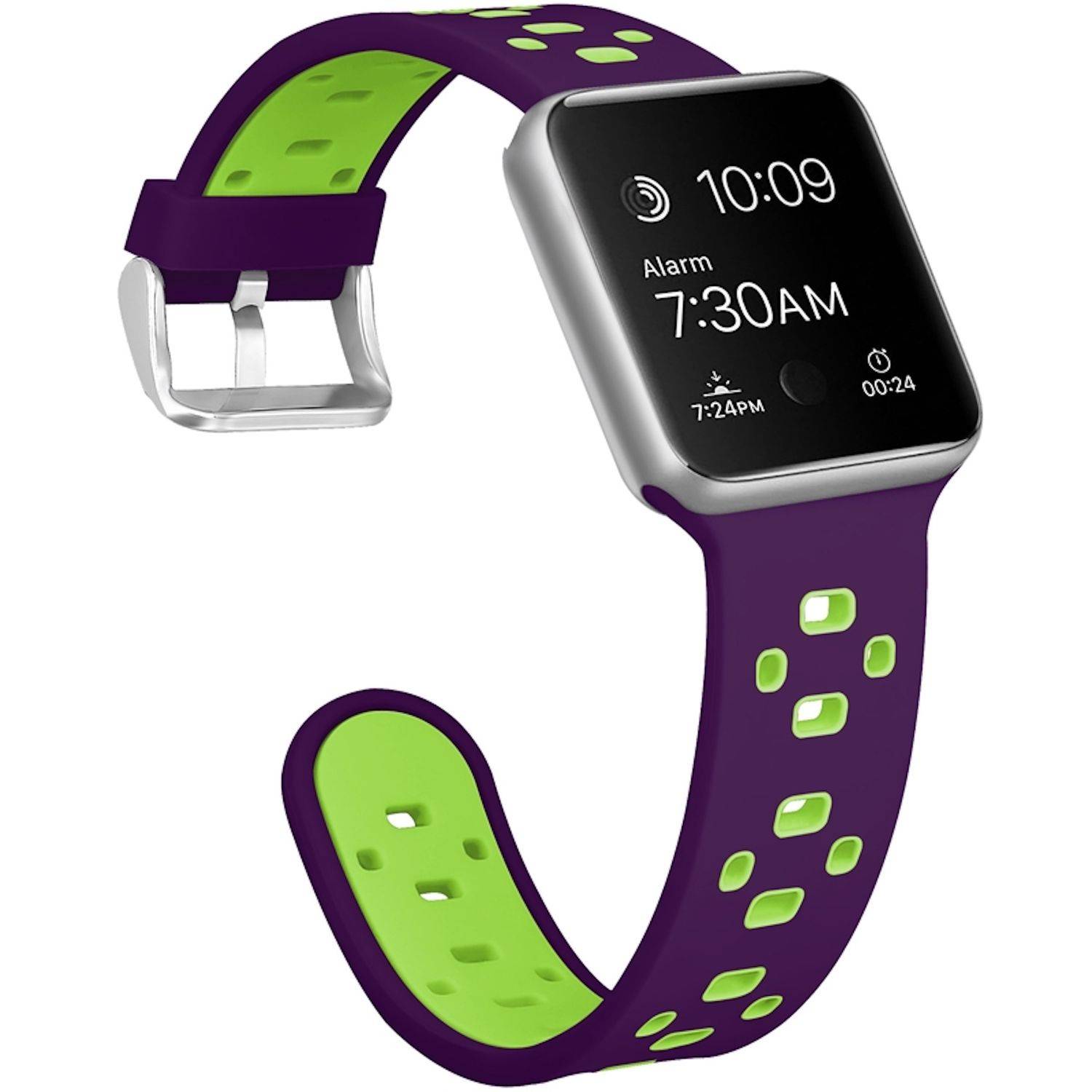 Lila-grüne Smartwatch mit rechteckigem Touchscreen, die 10:09 Uhr anzeigt, einen Wecker für 7:30 Uhr und Aktivitätssymbole.
