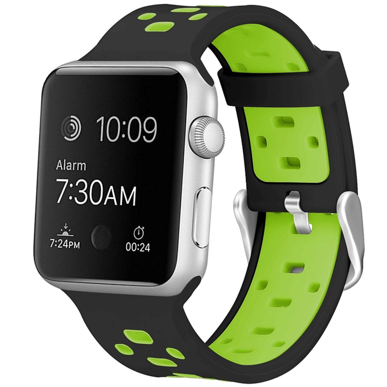 Apple Watch mit schwarzem und grünem Sportarmband, Display zeigt 10:09 Uhr und Alarm ist auf 7:30 Uhr morgens eingestellt.
