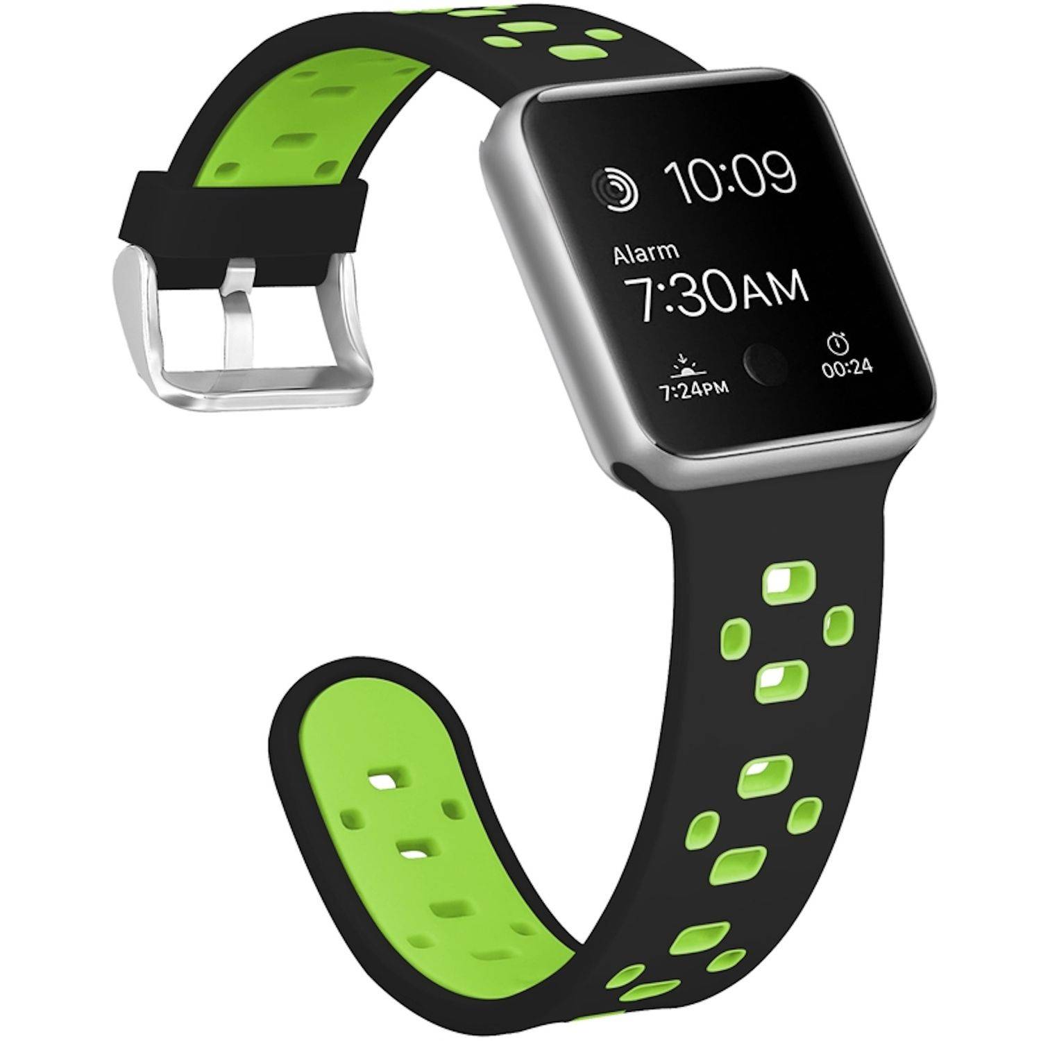 Schwarze Smartwatch mit grünem perforiertem Armband, zeigt einen Wecker um 7:30 Uhr morgens und die Zeit 10:09 auf dem Bildschirm an.