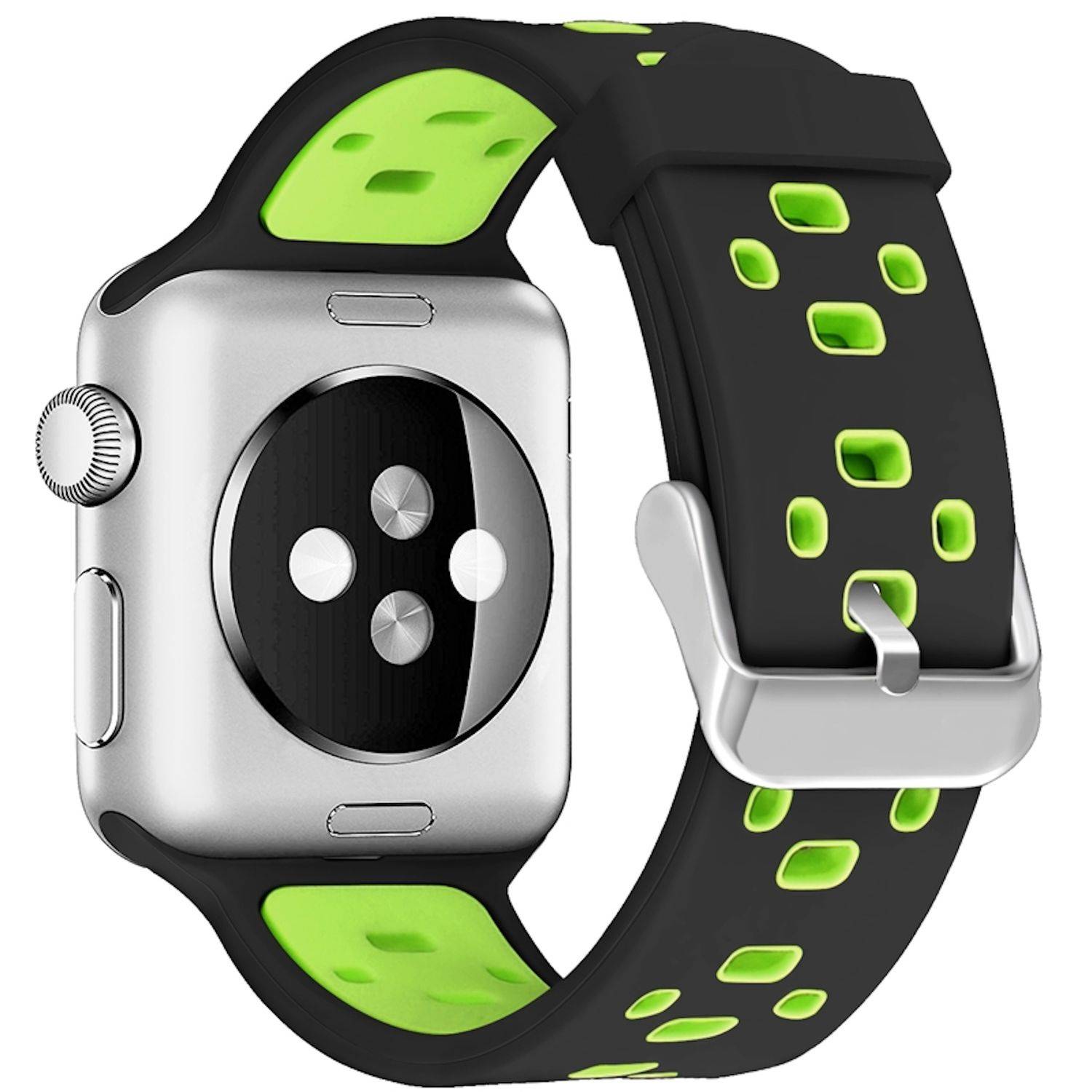 Apple Watch mit schwarzem und neongrünem Sportarmband, von hinten gezeigt mit sichtbarem Sensorfläche und Schnalle.
